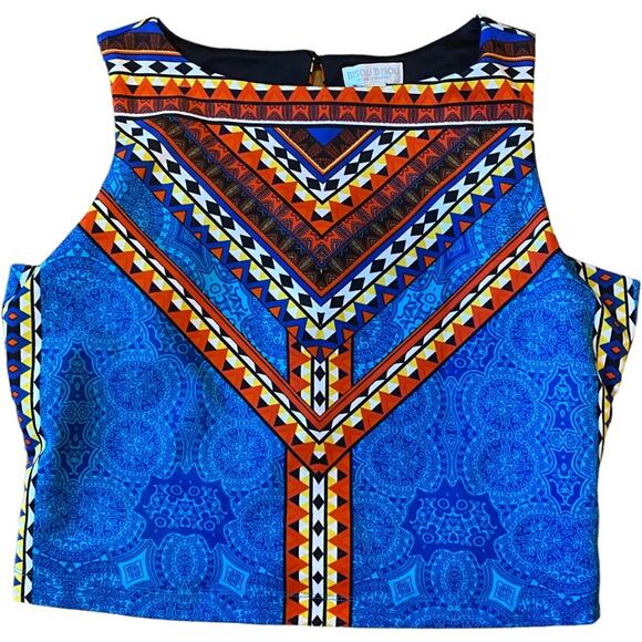 🔥Bisou Bisou High-Neck Scuba Crop Top Boho Tribal Southwestern Geo Y2K Blue L - Picture 5 of 6
